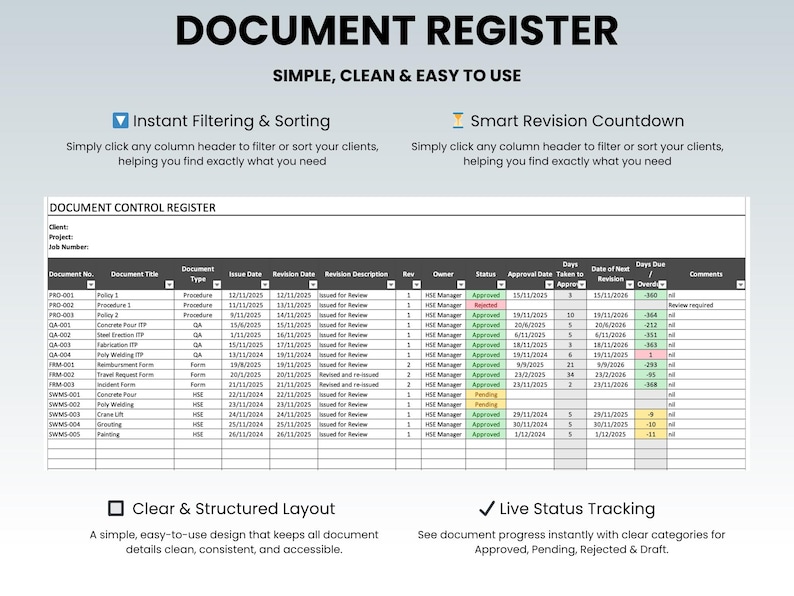 Document Control Register and Dashboard | Excel Template | Automated ...
