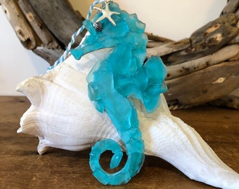 Aqua Faux Beach Glass Seahorse Ornament, Starfish Charm