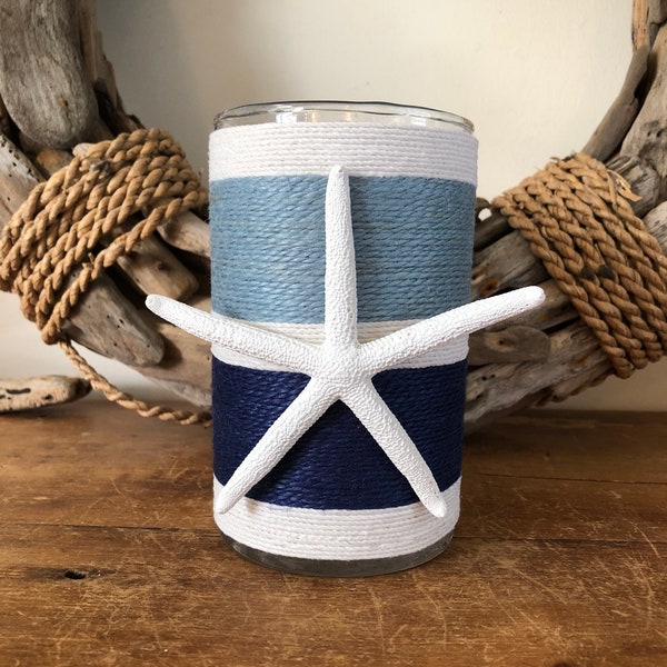 Blue and Navy Jute Wrapped Nautical Candle Holder with Pencil Starfish, Beach Decor,Beach Table Decor, Summertime Candle Decor