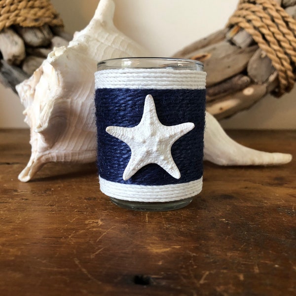 Navy and White Jute Wrapped Candle Holder, Nautical Stripe with Starfish , Beach Decor, Nautical Decor,Beach Tier Tray Decor