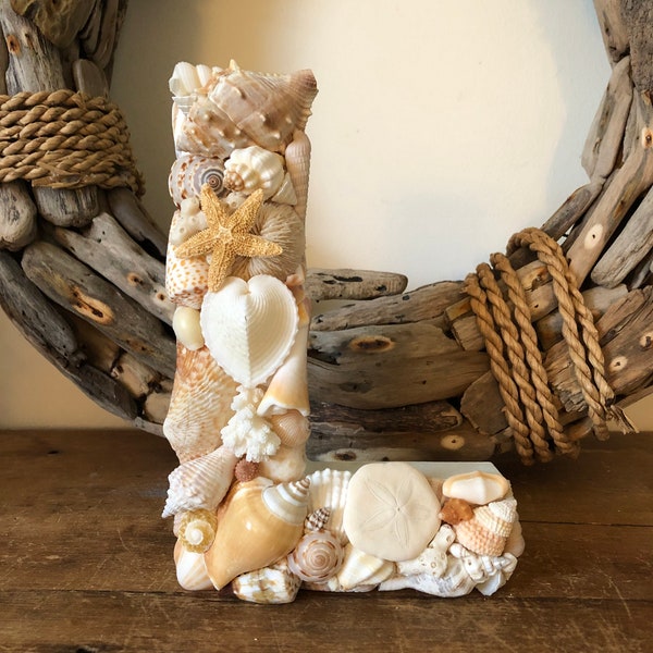 Handmade Seashell Letter, Natural Color or All White Seashells, Made to Order, Beach Decor, Beach Wedding Table Decor, Seashell Decor
