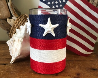 Patriotic Red White and Blue Jute Candle Holder with Knobby Starfish