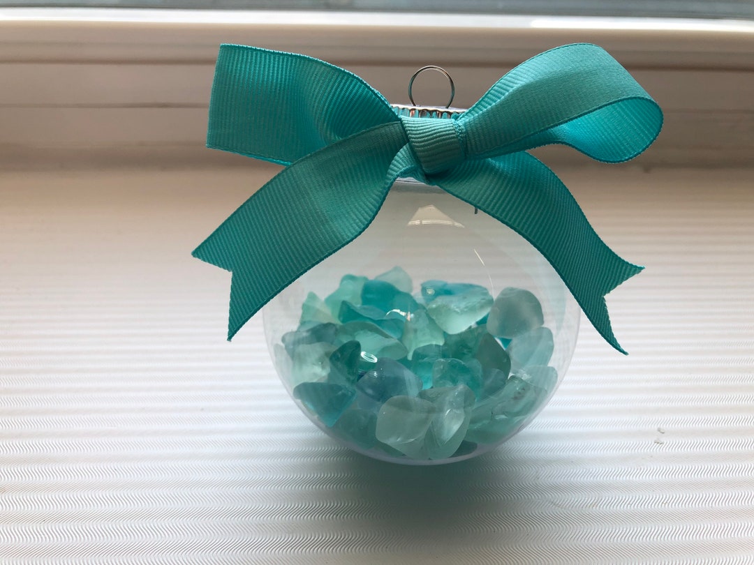 Beach Glass Ornament With Aqua Bow Beach Christmas Ornament Etsy