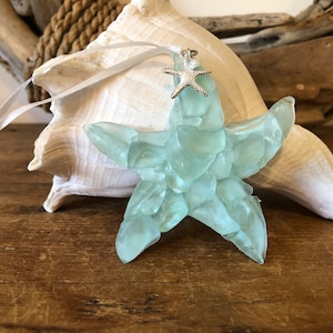 Star Bright Sea Glass Starfish Ornament,Beach Decor, Starfish Decor,Beach Christmas,Package Decor,Sea foam Green Glass