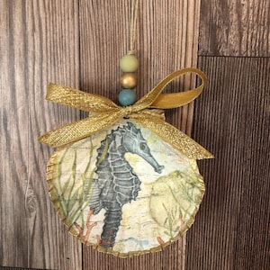 Decoupaged Clam Seashell Tropical Seahorse