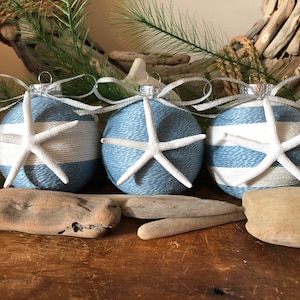 Light Blue and White Jute Wrapped Beach Christmas Ball Ornaments Set with Pencil Starfish -Beach Decor