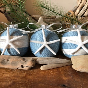 Light Blue and White Jute Wrapped Beach Christmas Ball Ornaments Set with Pencil Starfish -Beach Decor