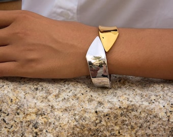 Two-Tone Cuff Bracelet | Gold & Silver Bangle, Sculptural Jewelry
