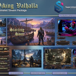 May include: A digital art package with a Viking theme, featuring illustrations of longboats, a warrior, and mountain scenery. The text "Viking Valhalla Animated Stream Package" is displayed at the top. Additional text includes "Starting Soon", "About Me", "Donate", "Schedule", and "Contact".