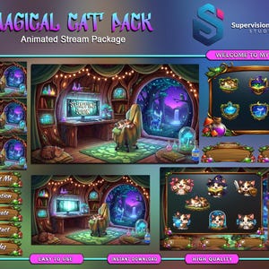 May include: A digital art package titled "Magical Cat Pack" with an animated stream theme. The design features a fantasy setting with cats, a forest, and various user interface elements. Includes buttons, panels, and a "Welcome to My Store" banner.
