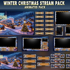 Puede incluir: Un paquete de transmisión de Winter Christmas con un diseño animado. El paquete incluye varias superposiciones animadas con una escena de pueblo invernal, un tren y un árbol de Navidad. El texto incluye "Starting Soon" y "Welcome to My Channel".