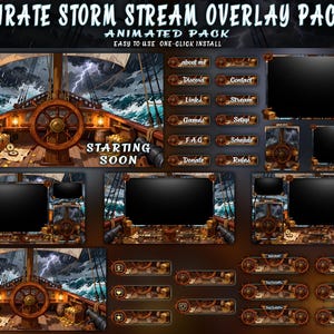 Pode incluir: Um pacote de sobreposição de stream animado com tema pirata. O design apresenta o convés de um navio com um fundo de mar tempestuoso, um leme e vários botões para informações de stream. O texto "PIRATE STORM STREAM OVERLAY PACK" e "STARTING SOON" são visíveis.