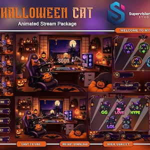 May include: An animated stream package titled Halloween Cat featuring a digital illustration of a cat in a witch hat sitting in a gaming chair, various UI elements, chat boxes, and button overlays with purple and orange Halloween-themed graphics.