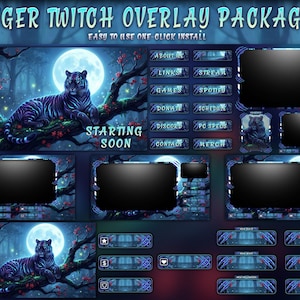 May include: A digital overlay package for Twitch streamers. The design features a tiger resting on a tree branch under a full moon. The package includes various panels with text such as "Links", "Stream", and "Donate". The color scheme is primarily blue and purple.