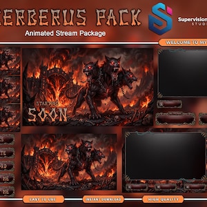 May include: A digital stream package titled CERBERUS PACK featuring a three-headed black dog with glowing red eyes in a fiery hellscape. Includes overlays for starting soon, ending, back, offline, and various buttons labeled links, donate, and discord.