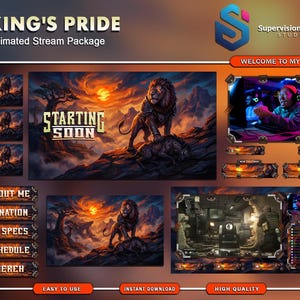 May include: King's Pride animated stream package with a lion theme. Includes animated overlays for stream starting, offline, and be right back screens. Features a lion illustration with a sunset background and various stream elements.