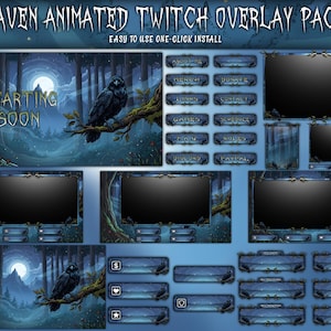 Puede incluir: Paquete de superposición animada de Twitch con temática de cuervo, con un diseño de bosque azul oscuro. Incluye múltiples pantallas y paneles con un cuervo en una rama. El texto "STARTING SOON" es visible. Fácil instalación con un clic.