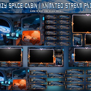 Pode incluir: Um pacote de arte digital com tema de cabine espacial. A imagem apresenta várias sobreposições de streaming animadas, incluindo telas, painéis e um interior de cabine aconchegante com vista para a Terra. O texto inclui "Cozy Space Cabin | Animated Stream Pack".