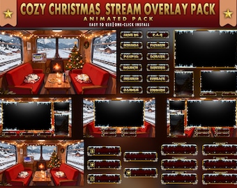 May include: A Cozy Christmas Stream Overlay Pack with an animated design. The pack includes various overlay elements with a cozy train cabin theme, featuring red seating, a Christmas tree, and snowy landscapes. The text includes "About Me", "Schedule", and "Donate".