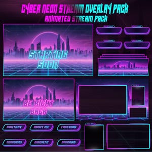 May include: A digital art pack with a cyberpunk theme. The design features a cityscape with neon pink and blue accents. Text includes "Cyber Neon Stream Overlay Pack" and "Animated Stream Pack". Additional elements include stream overlays and buttons.