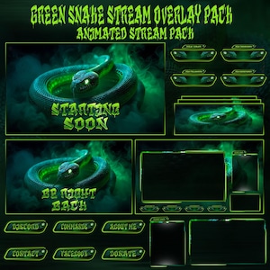 Könnte beinhalten: Ein animiertes Stream-Overlay-Paket zum Thema grüne Schlange. Das Design zeigt eine zusammengerollte Schlange mit leuchtenden Augen, vor einem rauchigen grünen Hintergrund. Der Text enthält "Starting Soon" und "Be Right Back" sowie verschiedene Stream-Elemente.