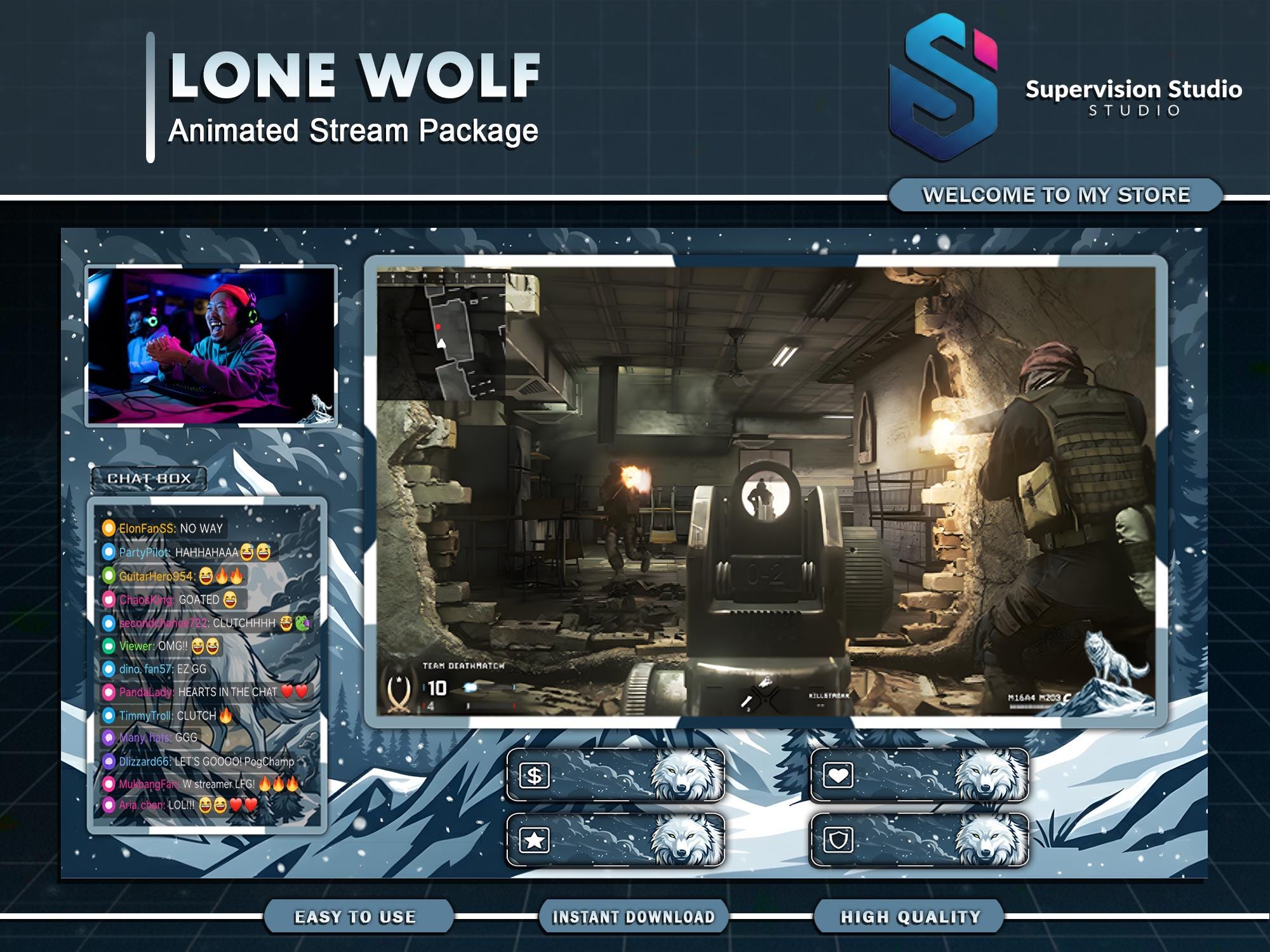 Lone Wolf Animated Twitch Overlay Package | Winter Mountain & Blue Ice ...
