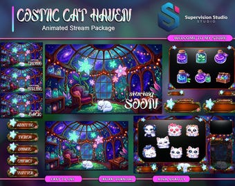 Animated Cozy Greenhouse Twitch Overlay Package | Magical Cat Stream Overlays | Lofi Cosmic VTuber Pack