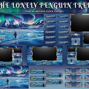 Może przedstawiać: Cyfrowy pakiet nakładek do streamingu, przedstawiający zimowy krajobraz z pingwinem. Projekt zawiera baner z napisem "THE LONELY PENGUIN TREK" oraz przyciski do różnych funkcji streamingu. Schemat kolorów to niebieski, fioletowy i biały.
