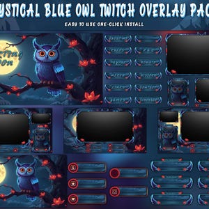 May include: A digital art pack featuring a mystical blue owl theme for Twitch streamers. The design includes a full moon, branches with red flowers, and various overlay elements with text like "Starting Soon".