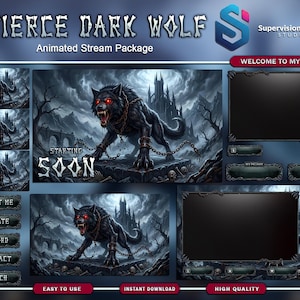 Puede incluir: Paquete de stream animado "Fierce Dark Wolf" con un lobo negro amenazante con ojos rojos, encadenado frente a un castillo oscuro. Incluye el texto "Starting Soon". Ideal para streaming y juegos.