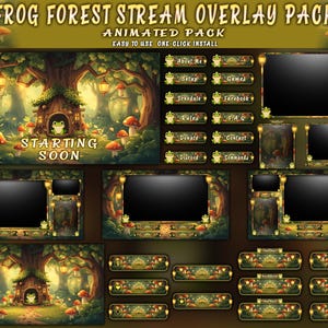 May include: A digital art pack featuring a frog-themed forest stream overlay. The design includes animated elements, a forest scene with a frog house, mushrooms, and various interface elements with text like "About Me" and "Starting Soon".