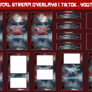 May include: Vertical stream overlays for TikTok and YouTube. The design features a serene landscape with a full moon, water reflection, and red accents. Text includes "Stream Ending", "Starting Soon", and "Be Right Back".