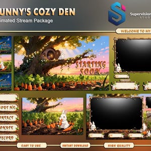 May include: A digital art stream package titled "Bunny's Cozy Den" featuring a bunny theme. The package includes animated overlays, scenes, and panels with a bunny and carrot motif. The text "Starting Soon" is visible.