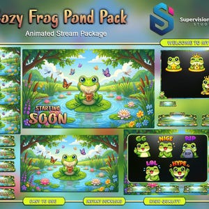 May include: A digital art stream package titled "Cozy Frog Pond Pack." The design features a cartoon frog in a pond setting with butterflies and lily pads. Includes animated scenes for starting soon, ending, back, and offline, plus emotes.