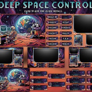 Puede incluir: Diseño de arte digital con temática espacial, con un fondo cósmico, planetas y un astronauta. El diseño incluye múltiples pantallas, botones etiquetados como "About Me", "Donate", "Setup", "Discord", "Schedule", "Contact", "Rules", "TikTok", "F.A.Q", "Subscribe" y "Merch".