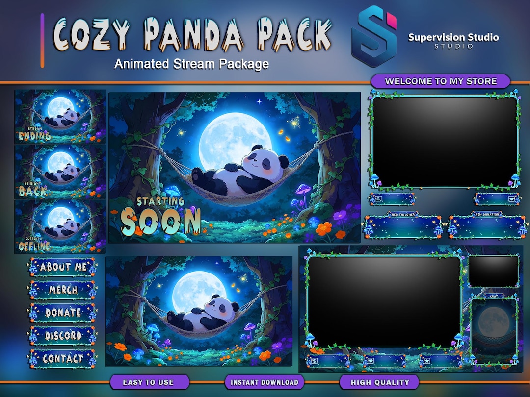 Animated Panda Stream Pack | Cozy Night Twitch Overlay | Forest Vtuber ...