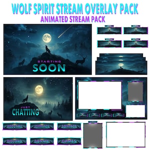 May include: A digital art pack with a wolf theme, featuring a full moon, wolves, and deer in a dark blue and purple color scheme. The pack includes animated stream overlays with text that says "STARTING SOON" and "JUST CHATTING", along with buttons for "ABOUT ME", "COMMANDS", "CONTACT", "DISCORD", "DONATE", and "GAMES".