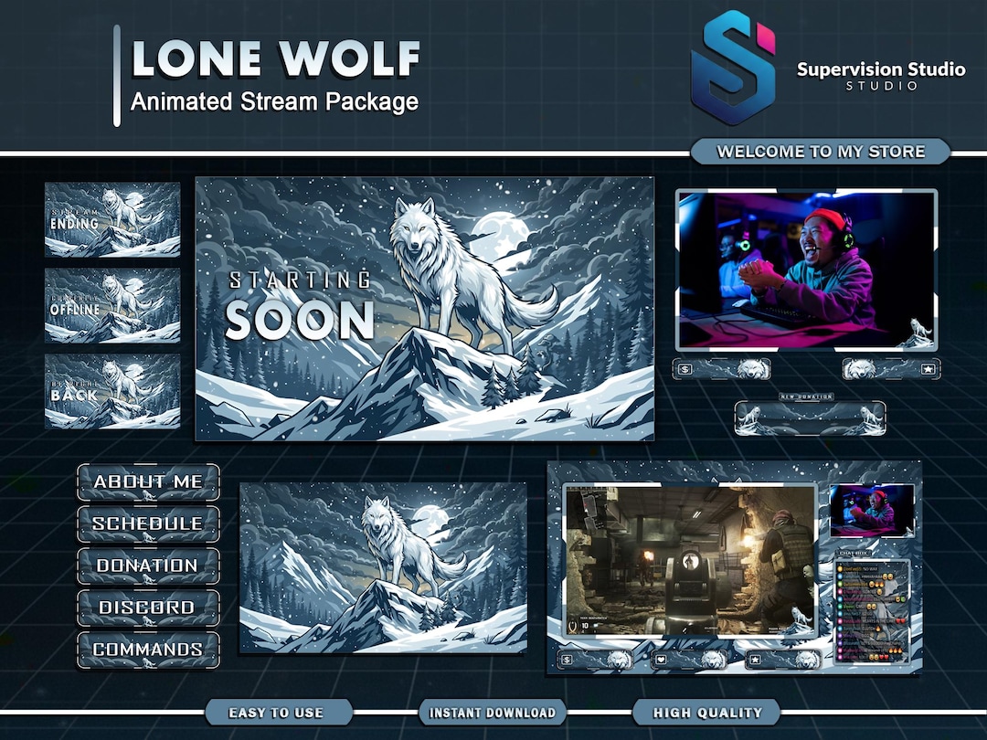 Lone Wolf Animated Twitch Overlay Package | Winter Mountain & Blue Ice ...