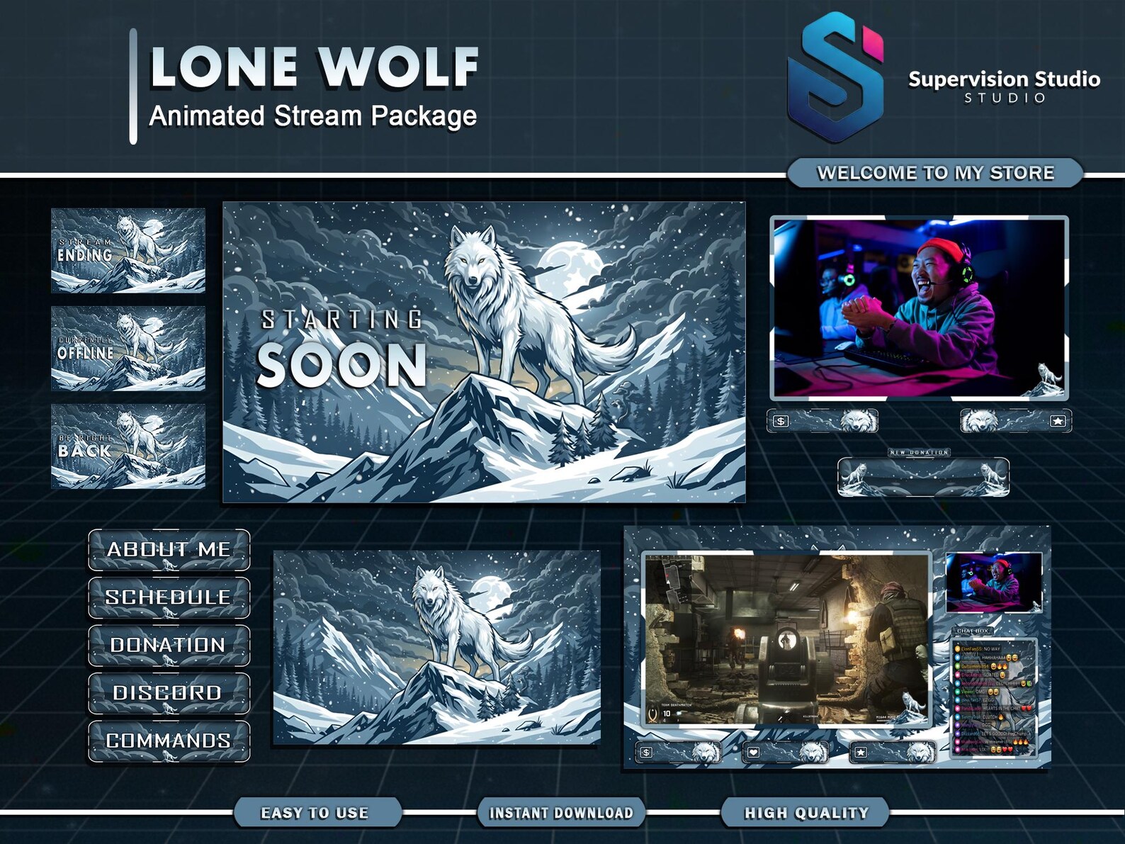Lone Wolf Animated Twitch Overlay Package | Winter Mountain & Blue Ice ...