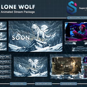 May include: A digital stream package with a winter wolf theme. The design includes a wolf on a snowy mountain, with the words "LONE WOLF" and "STARTING SOON". Additional panels include "ENDING", "OFFLINE", and "BACK".