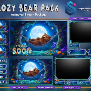 May include: Digital animated stream package featuring a brown bear relaxing in a hammock under a full moon. The package includes screens for starting soon, ending, back, and offline, with additional panels and buttons. The text "COZY BEAR PACK" is at the top.