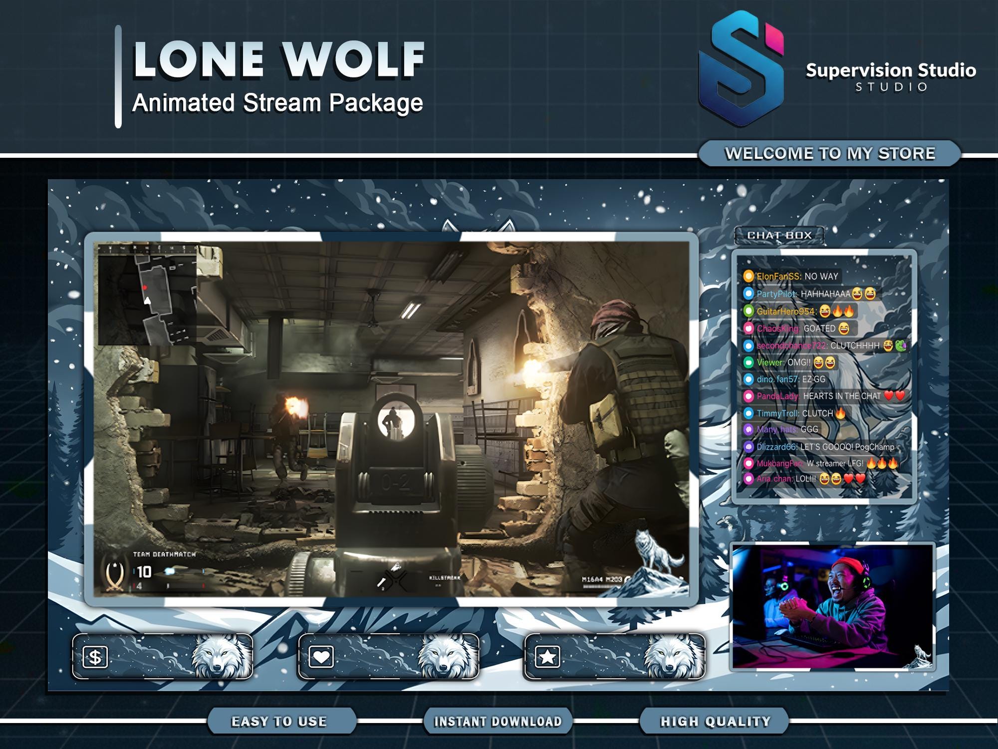 Lone Wolf Animated Twitch Overlay Package | Winter Mountain & Blue Ice ...