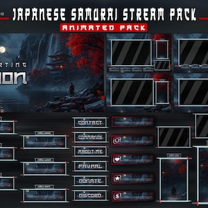 Peut inclure: Un pack d'art numérique sur le thème du samouraï japonais. Le pack comprend des superpositions, des écrans et des panneaux animés avec une esthétique sombre et sombre. L'écran principal présente un samouraï devant une cascade et le texte "Starting Soon".