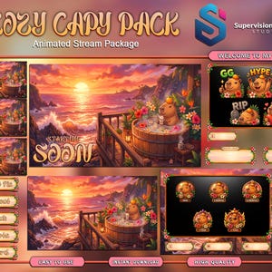 May include: A digital art stream package titled "Cozy Capy Pack" featuring a capybara relaxing in a wooden hot tub with a sunset ocean backdrop. Includes animated screens, overlays, and emotes. The package is easy to use and offers instant download.