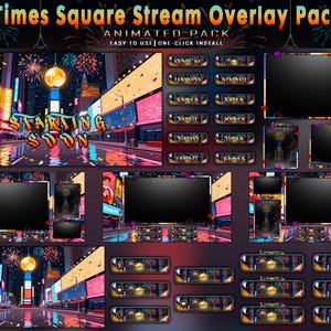 Könnte beinhalten: Ein animiertes Stream-Overlay-Paket im Times Square-Design. Das Design zeigt eine lebendige Stadtlandschaft mit Feuerwerk, dem Text "Starting Soon" und verschiedenen Overlay-Elementen für Streaming-Plattformen. Das Paket enthält mehrere Bildschirme und Panels.