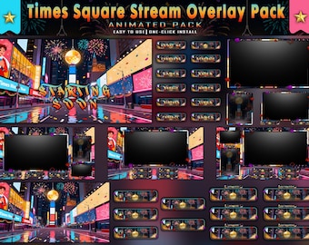 Puede incluir: Un paquete de superposición de transmisión animada con temática de Times Square. El diseño presenta un paisaje urbano vibrante con fuegos artificiales, el texto "Starting Soon" y varios elementos de superposición para plataformas de transmisión.