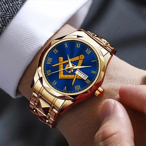 Freimaurer Uhr mit königsblauem Zifferblatt, Freemason Square und Kompass Quarz Armbanduhr, Tag, Datum Fenster, römische Ziffern, Mason Geschenk