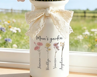 Vase de fleurs de naissance personnalisé, vase minimaliste, vase de fleurs en céramique, vase pour la fête des mères, vase de grand-mère, vase pour le mois de naissance, vase de jardin de fleurs