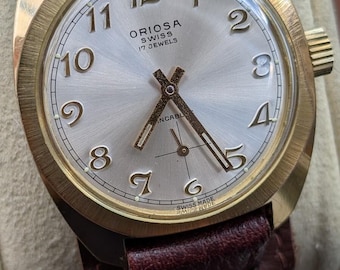 May include: A gold-tone wristwatch with a silver sunburst dial, featuring black Arabic numerals, dark hands, and a brown leather strap. The dial displays the text Oriosa, Swiss, 17 Jewels, Incabloc, and Swiss Made. The watch has a textured gold bezel.