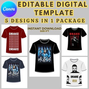 以下が含まれることがあります： 5種類のTシャツデザインを示す画像。Tシャツには、さまざまなスタイルの「DRAKE」という単語と、「AURA」というテキスト、ドレイクの画像が使用されています。画像には「EDITABLE DIGITAL TEMPLATE」と「5 DESIGNS IN 1 PACKAGE」というテキストも含まれています。